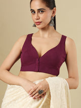 Wine cotton solid blouse with sweetheart neckline and front opening