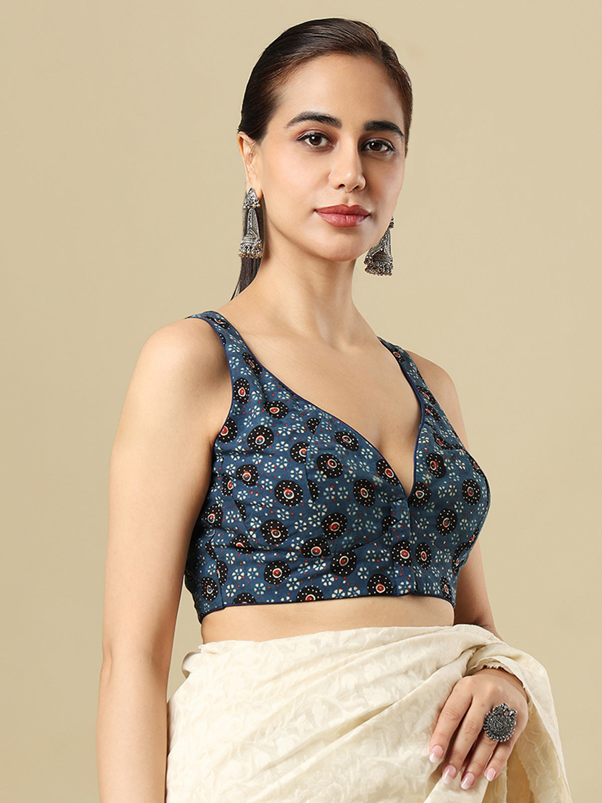 Blue cotton printed blouse with sweetheart neckline and front opening