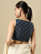 Blue cotton printed blouse with sweetheart neckline and front opening