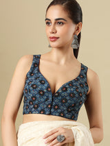 Blue cotton printed blouse with sweetheart neckline and front opening