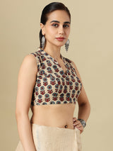 Elegant beige cotton printed blouse with V neck front opening