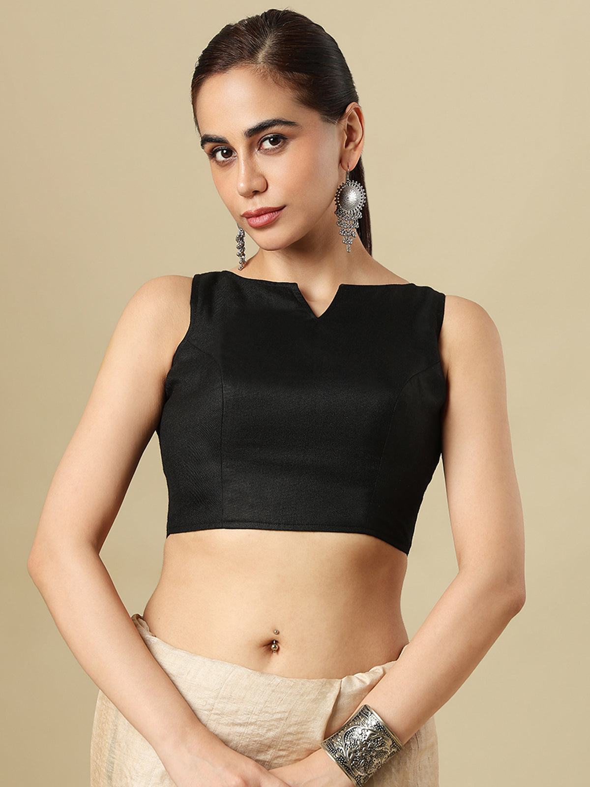 Black linen solid blouse with boat neckline and back opening