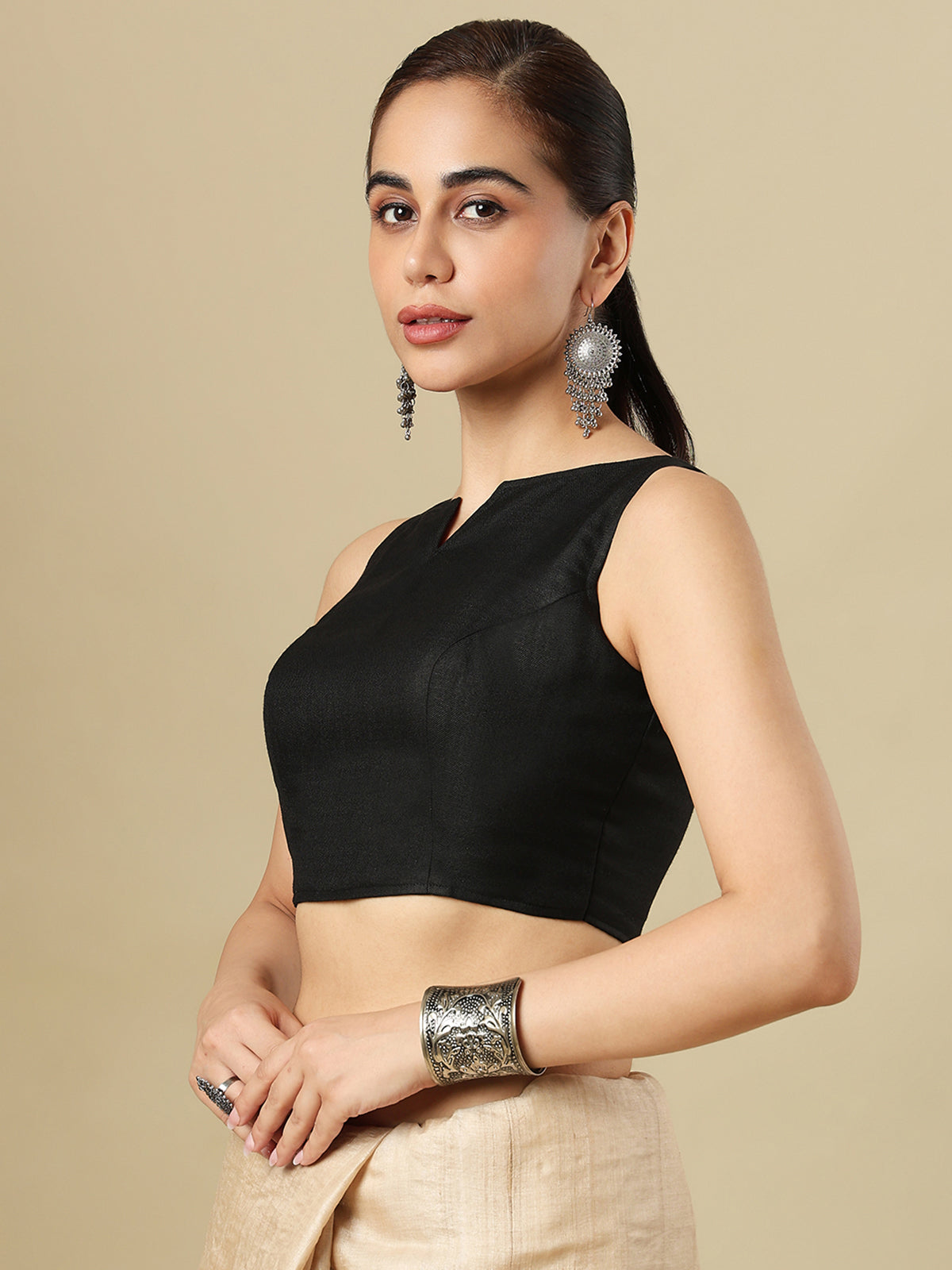 Black linen solid blouse with boat neckline and back opening