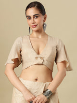 Beige linen solid blouse with V neck and elbow sleeves