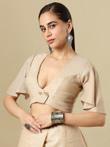 Beige linen solid blouse with V neck and elbow sleeves