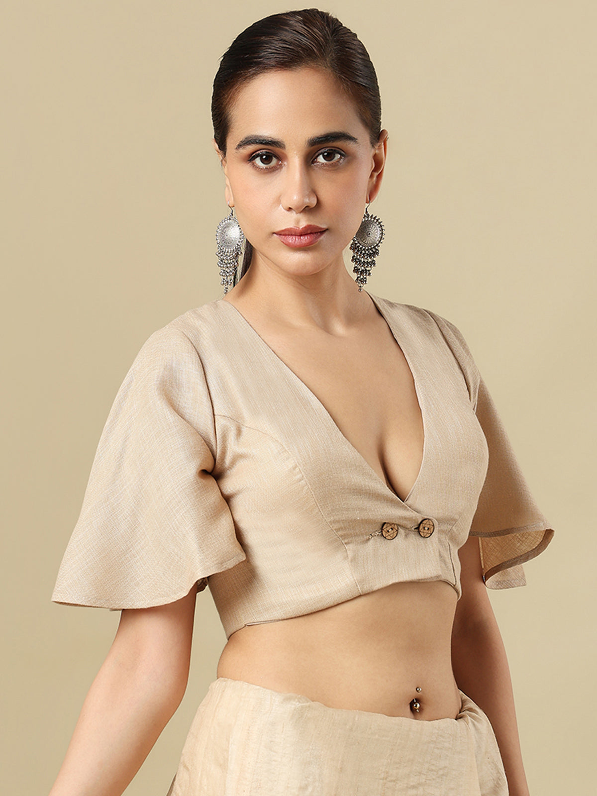 Beige linen solid blouse with V neck and elbow sleeves