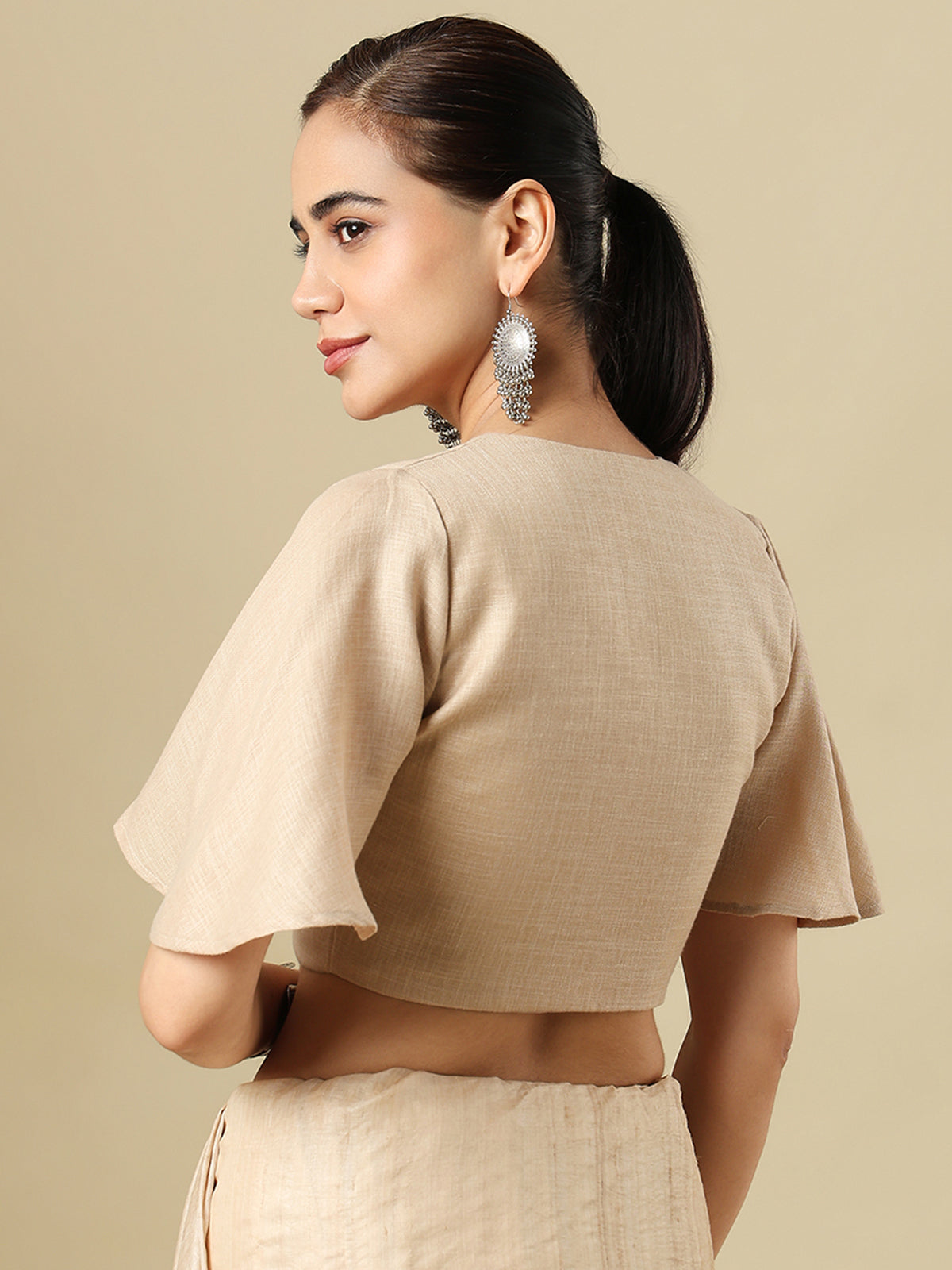 Beige linen solid blouse with V neck and elbow sleeves