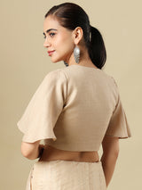 Beige linen solid blouse with V neck and elbow sleeves