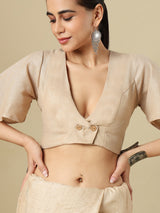 Beige linen solid blouse with V neck and elbow sleeves