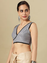 Grey linen solid blouse with V neck and side opening design