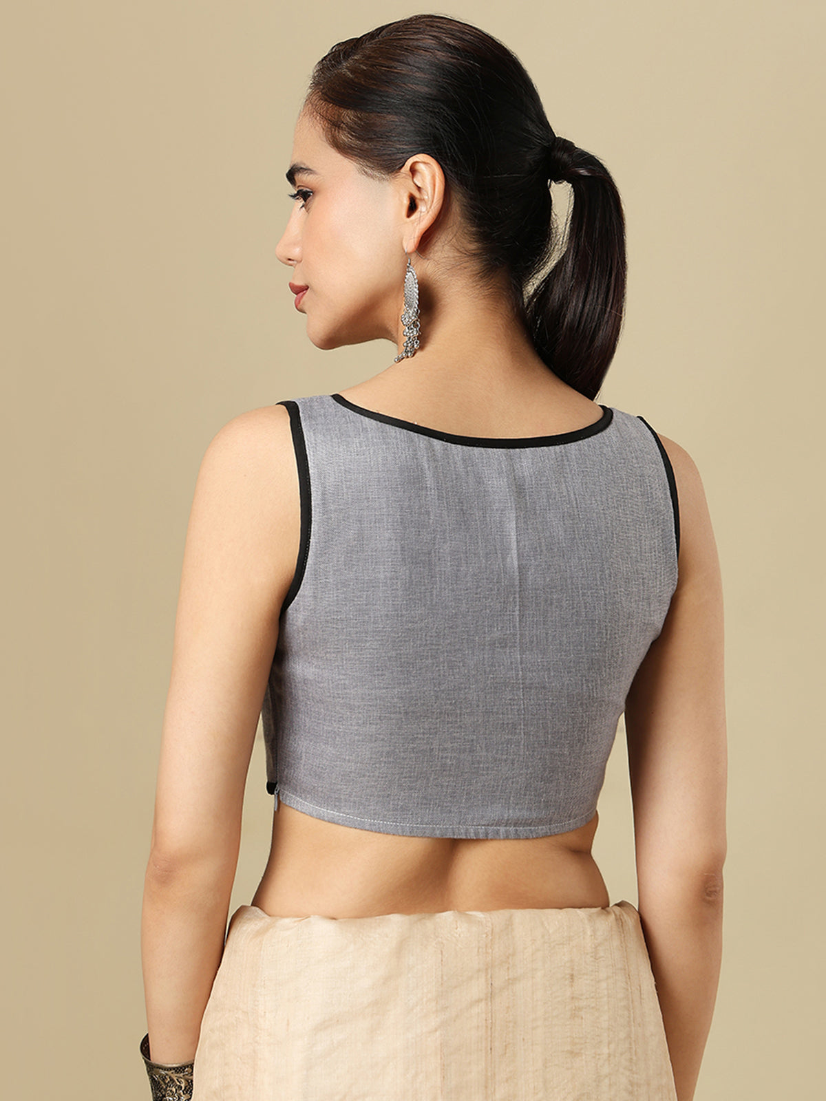 Grey linen solid blouse with V neck and side opening design