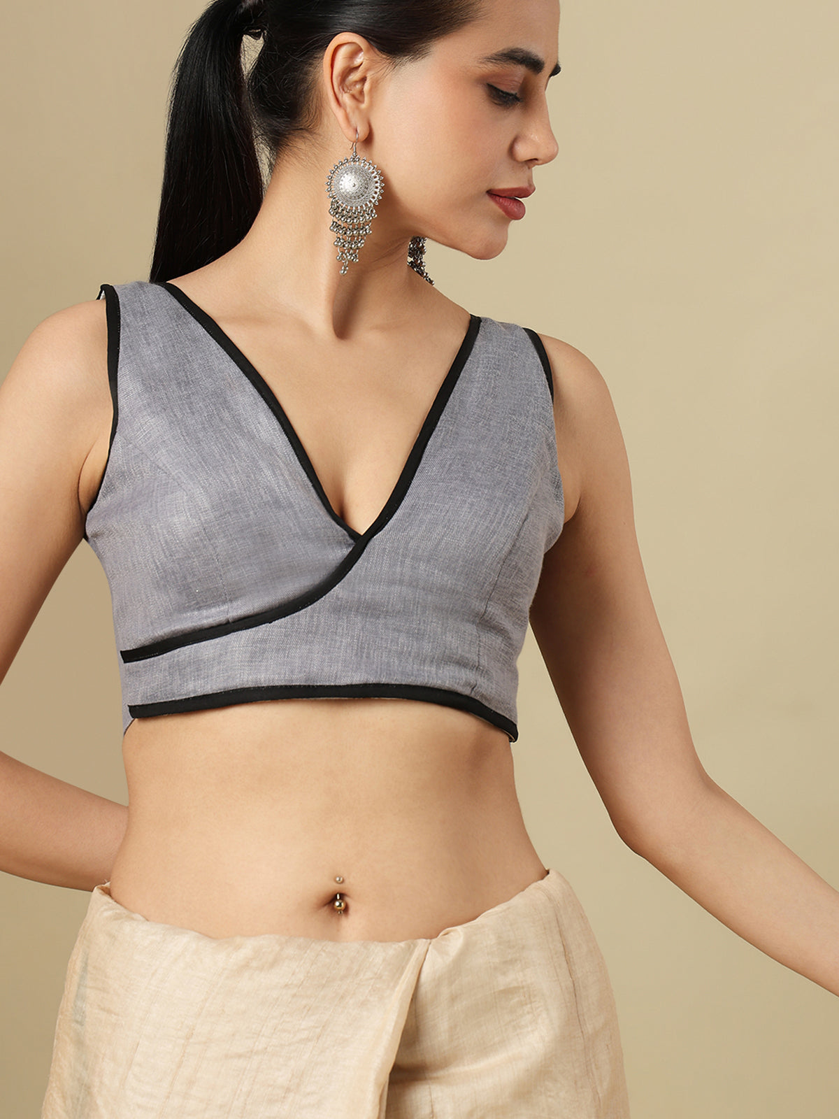 Grey linen solid blouse with V neck and side opening design