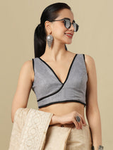 Grey linen solid blouse with V neck and side opening design