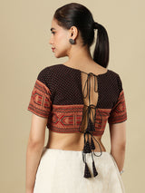 Black cotton printed blouse with sweetheart neckline and half sleeves