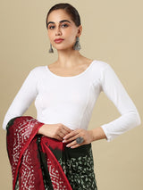 White cotton solid blouse with round neckline and quarter sleeves