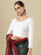 White cotton solid blouse with round neckline and quarter sleeves