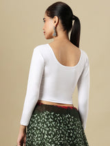 White cotton solid blouse with round neckline and quarter sleeves