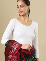 White cotton solid blouse with round neckline and quarter sleeves