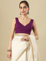 Purple cotton solid blouse with sweetheart neckline and back opening