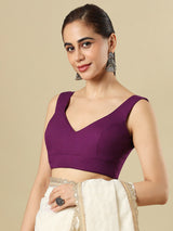 Purple cotton solid blouse with sweetheart neckline and back opening
