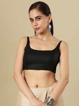 Black linen solid blouse with round neckline and back opening