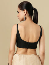 Black linen solid blouse with round neckline and back opening