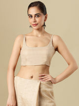 Beige linen solid blouse with round neckline and back opening