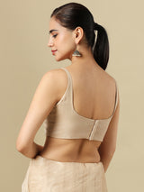 Beige linen solid blouse with round neckline and back opening