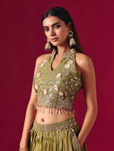 Olive green tissue silk lehenga choli with mirror and zari embellishments