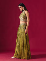 Olive green tissue silk lehenga choli with mirror and zari embellishments