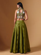 Green brocade silk lehenga choli with exquisite cutdana detailing
