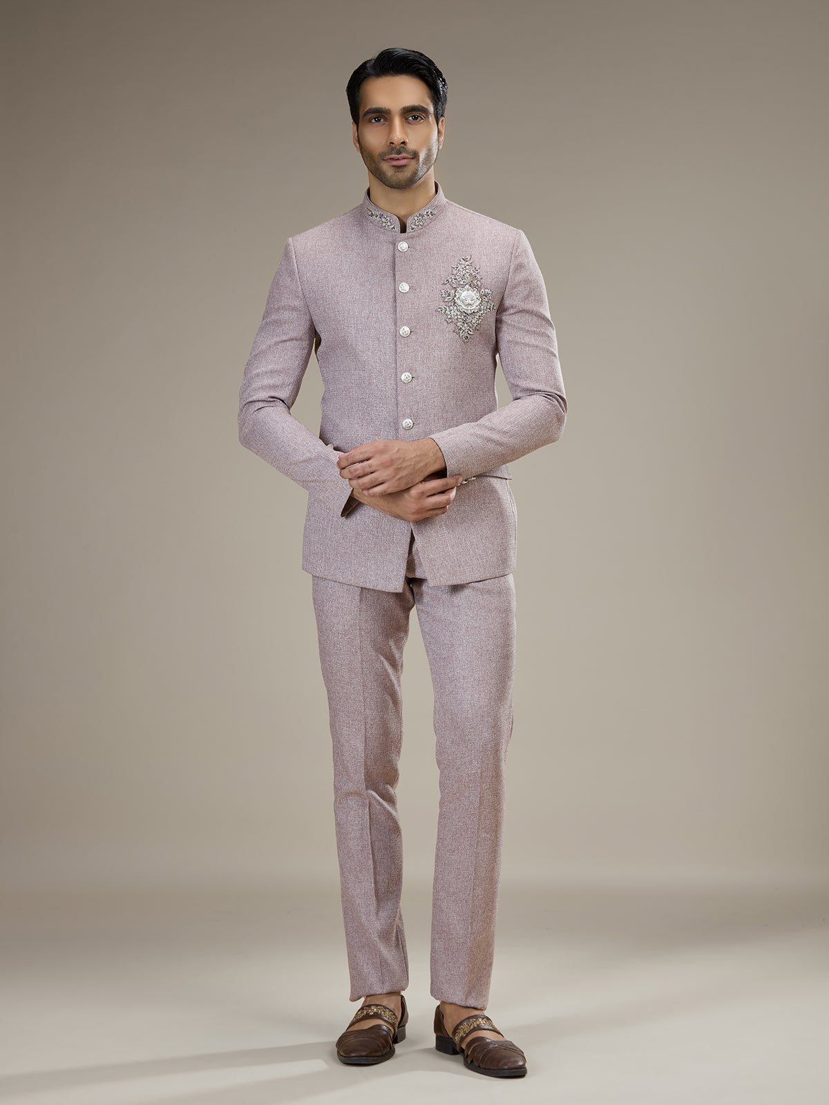 Lilac purple mens statement crest jodhpuri suit