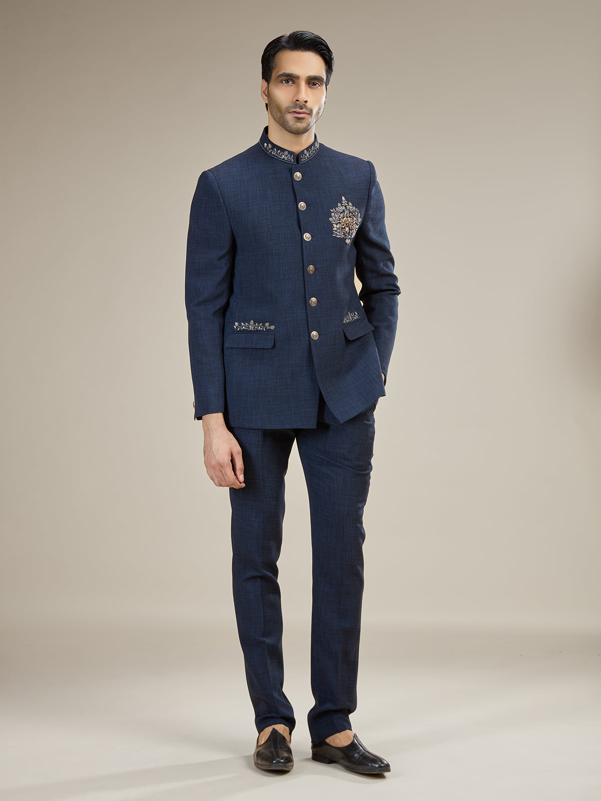 Navy blue mens antique button jodhpuri suit