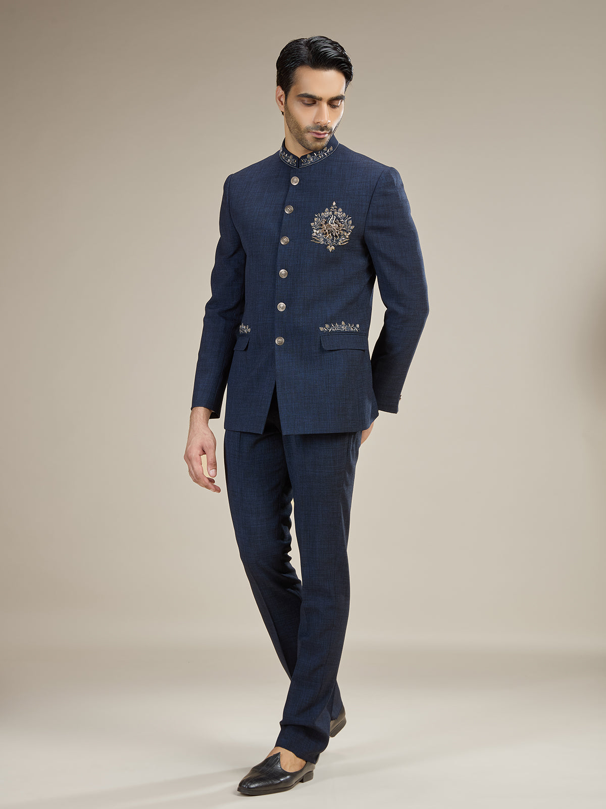 Navy blue mens antique button jodhpuri suit