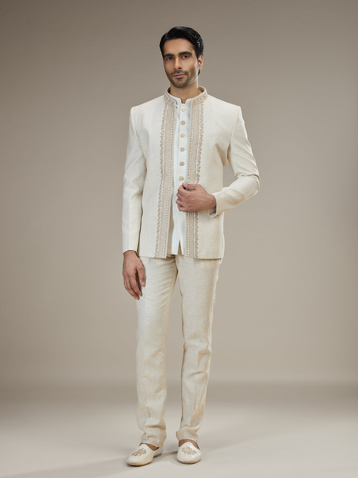 Cream mens embroidered jacket jodhpuri suit