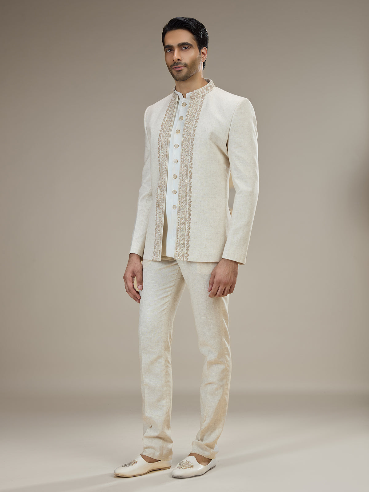 Cream mens embroidered jacket jodhpuri suit