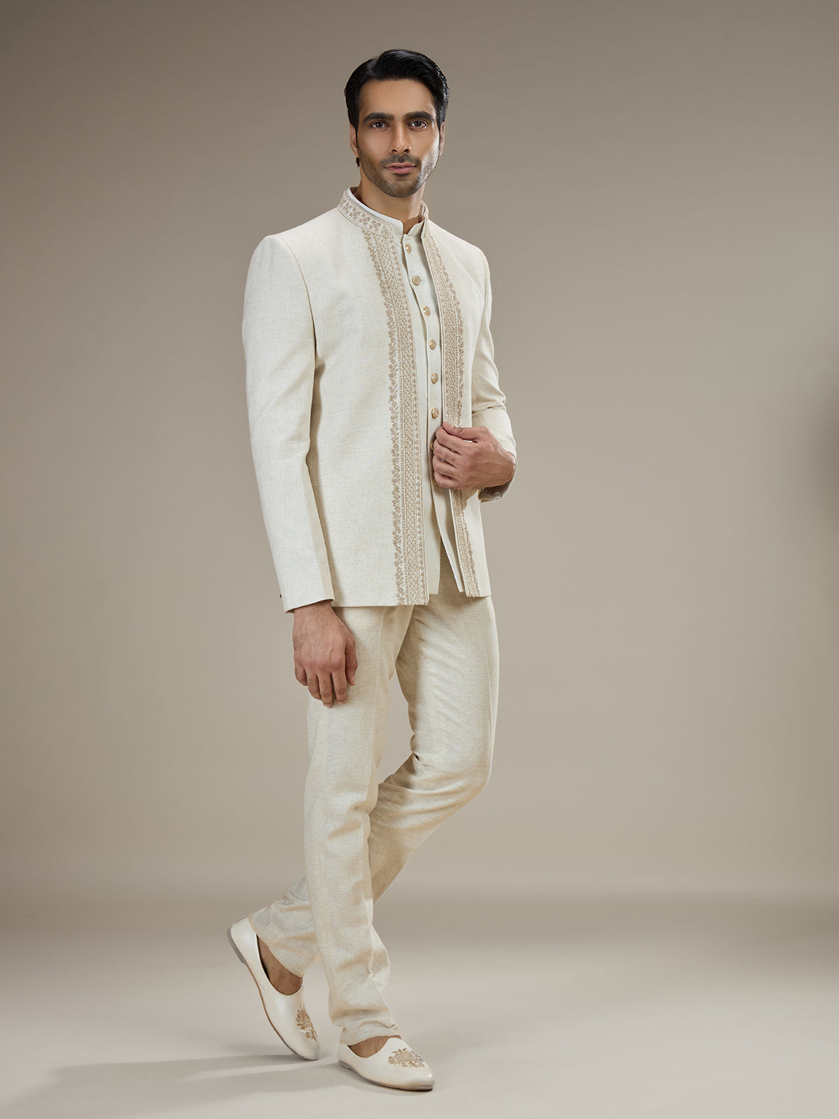 Cream mens embroidered jacket jodhpuri suit