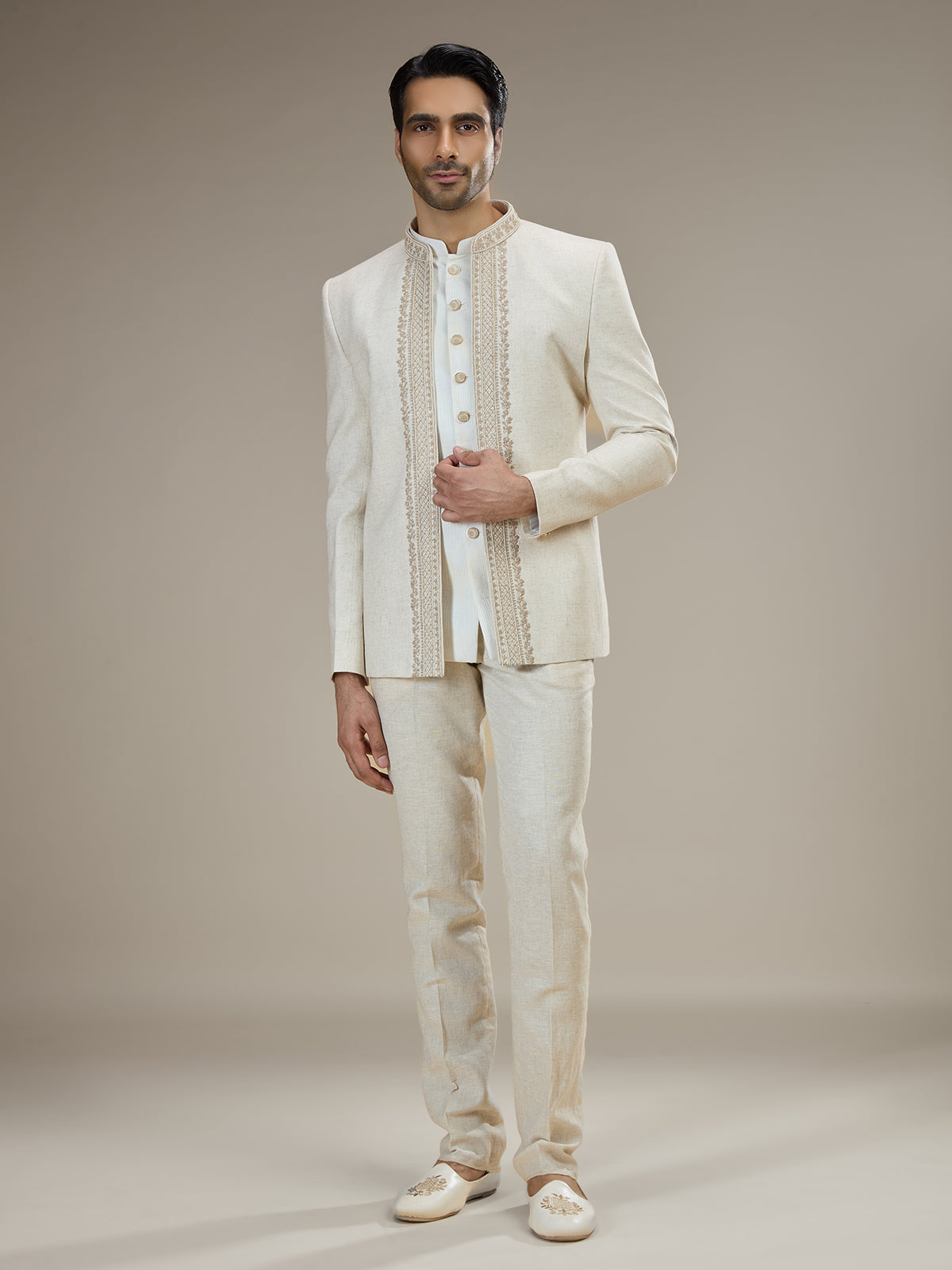 Cream mens embroidered jacket jodhpuri suit