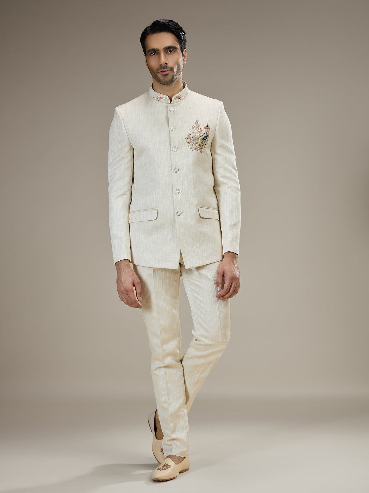 Cream mens jacquard jodhpuri suit
