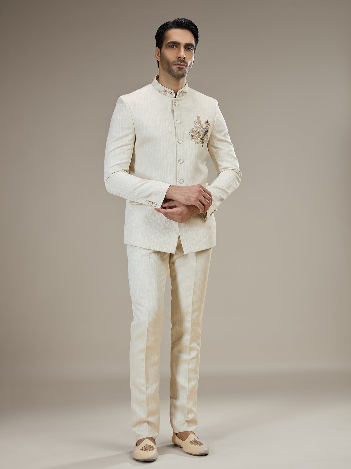 Cream mens jacquard jodhpuri suit