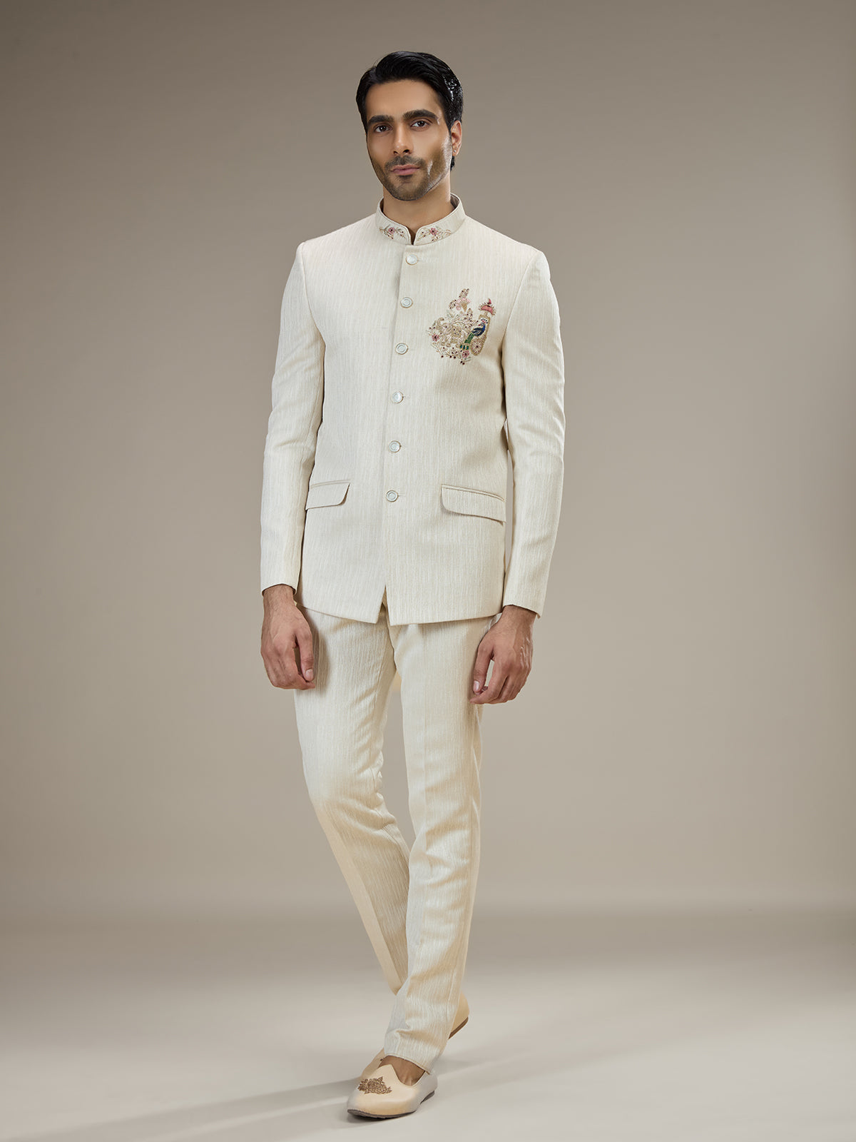 Cream mens jacquard jodhpuri suit