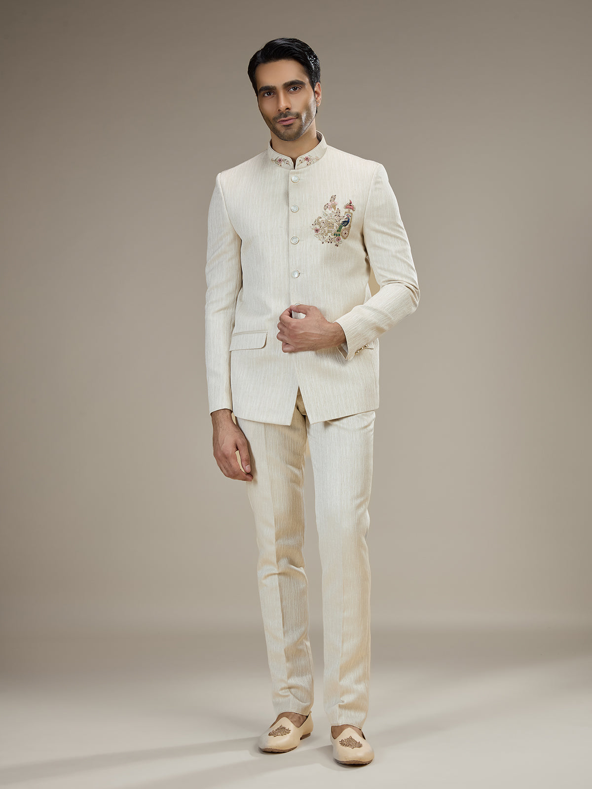 Cream mens jacquard jodhpuri suit