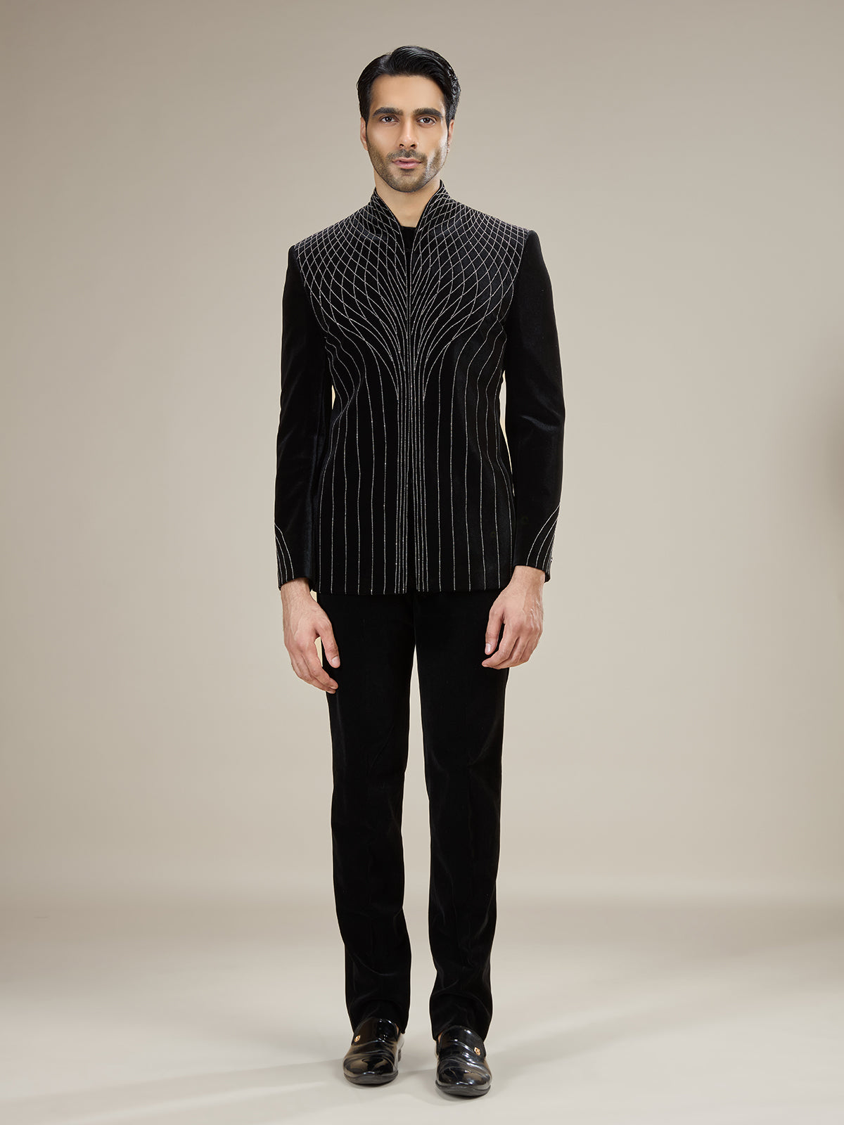 Black mens velvet pinstripe jodhpuri suit