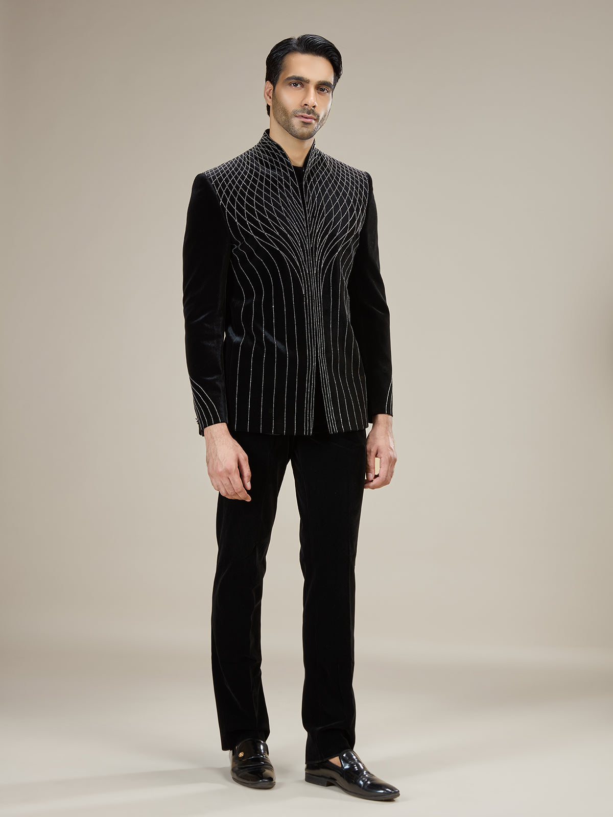 Black mens velvet pinstripe jodhpuri suit