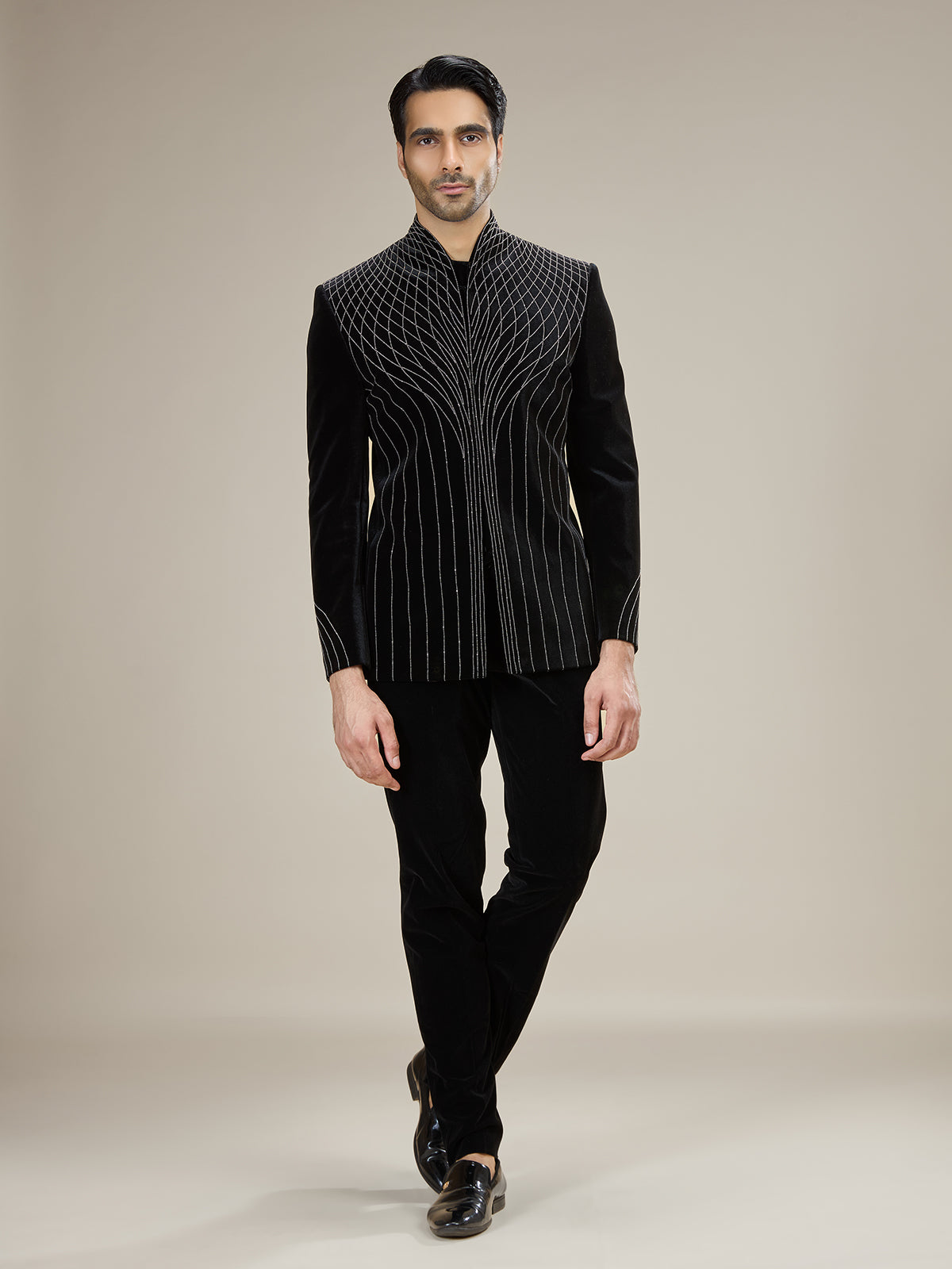 Black mens velvet pinstripe jodhpuri suit
