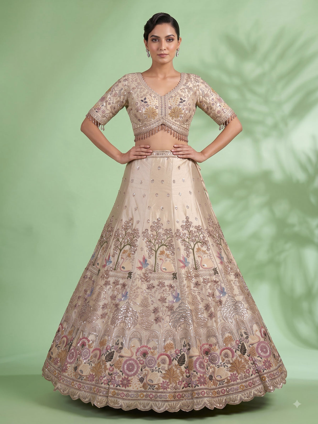 Cream botanical kalidar lehenga choli for women