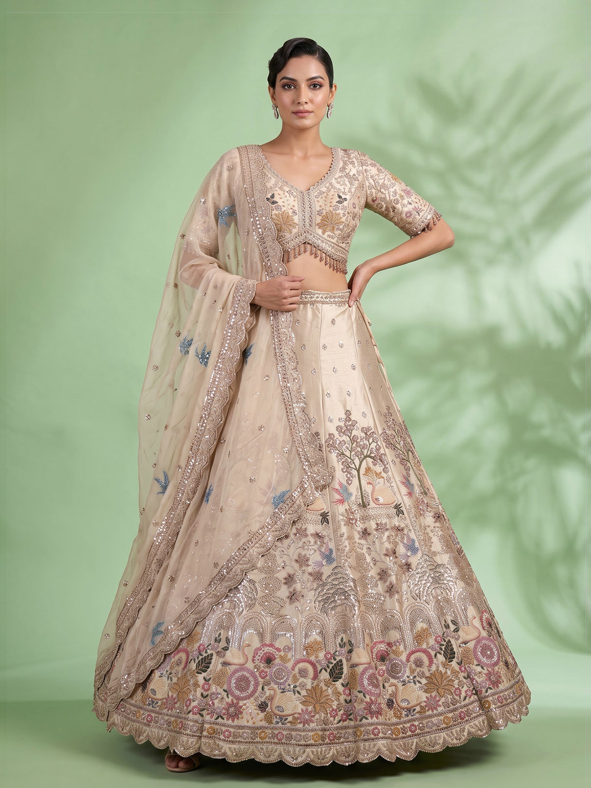 Cream botanical kalidar lehenga choli for women