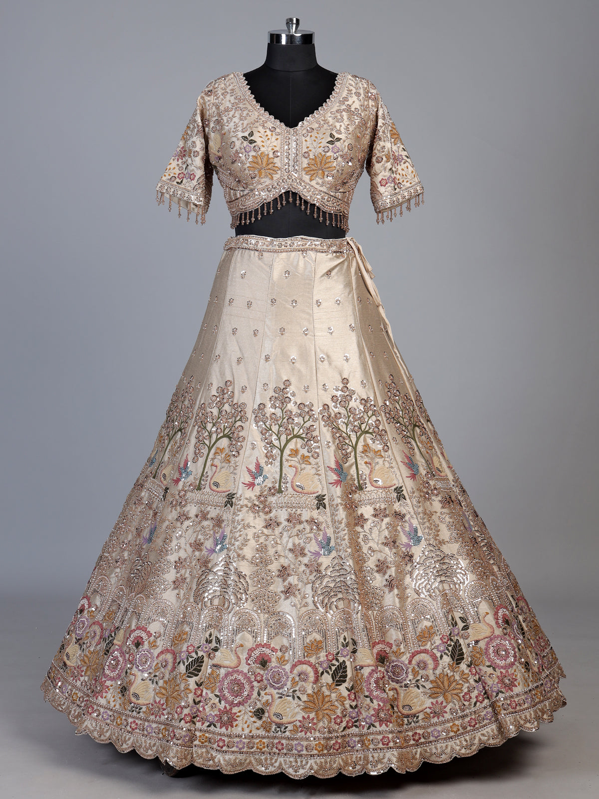 Cream botanical kalidar lehenga choli for women