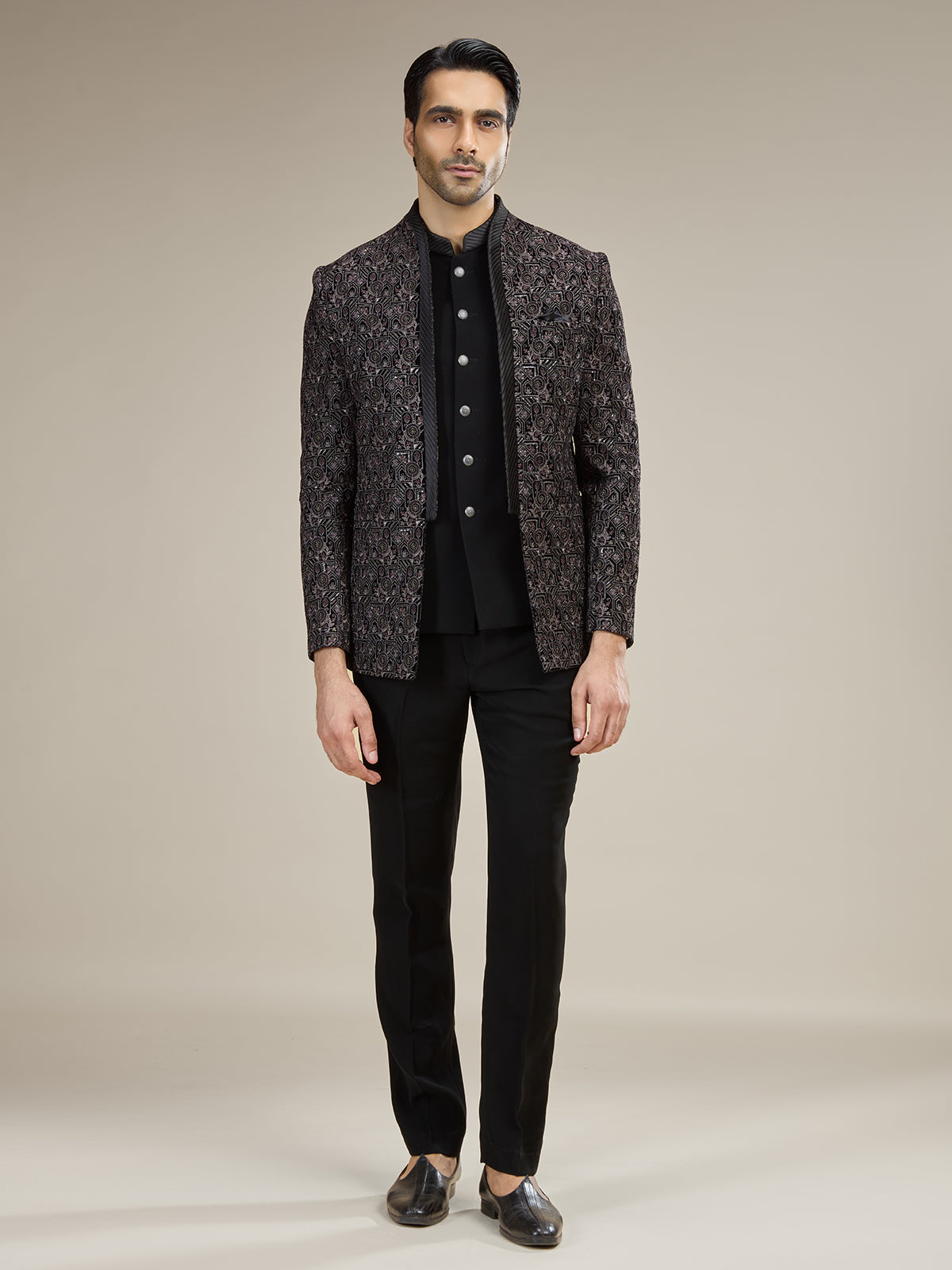 Black mens geometric velvet jodhpuri suit