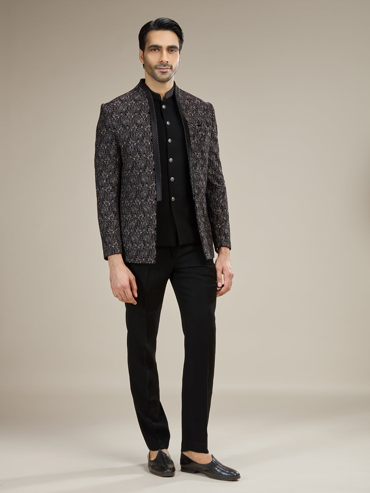 Black mens geometric velvet jodhpuri suit